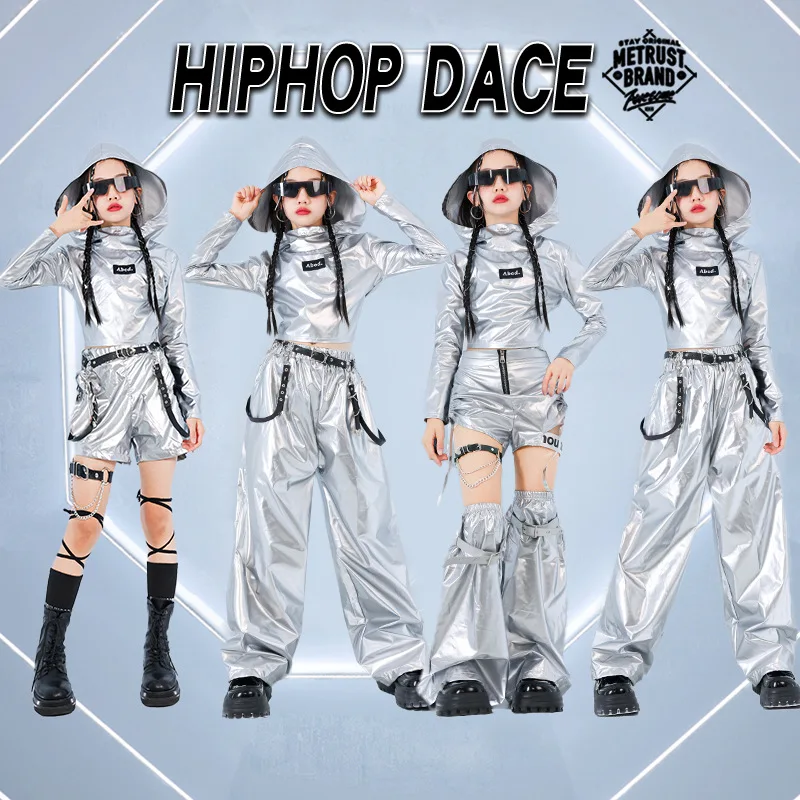 

Girls K-pop Silver Crop Hoodies Shiny Cargo Pants Street Dance Shorts Kids Hip Hop Streetwear Children Jazz Hi Tech Clothes Sets
