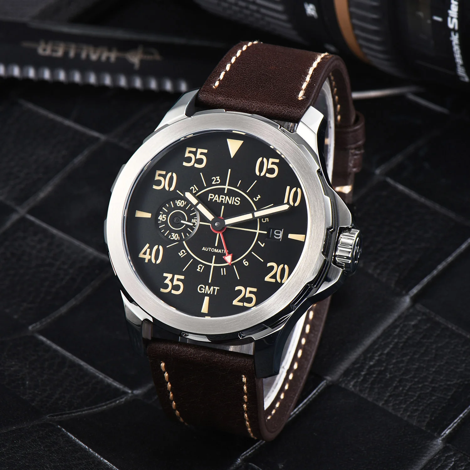 

Casual Parnis 44mm Silver Case Automatic Men Watch Leather Strap Calendar Mechanical Men's Sports Watches 2023 Man Clock Gift