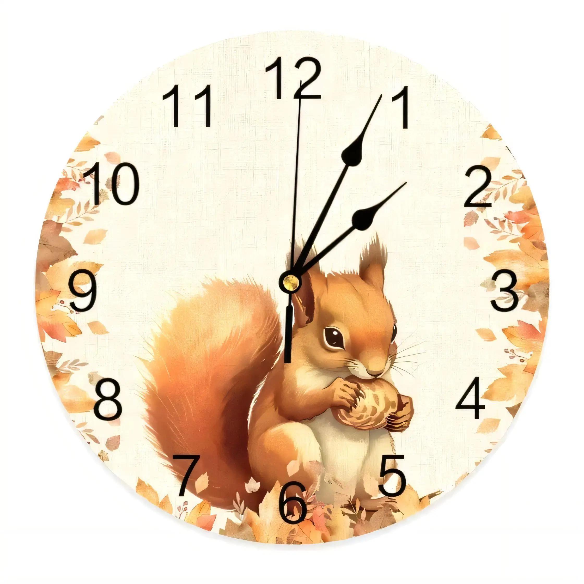 Rustic Autumn Squirrel Wall Clock  Silent Non Ticking Battery Operated Decorative Home Kitchen Bathroom Art