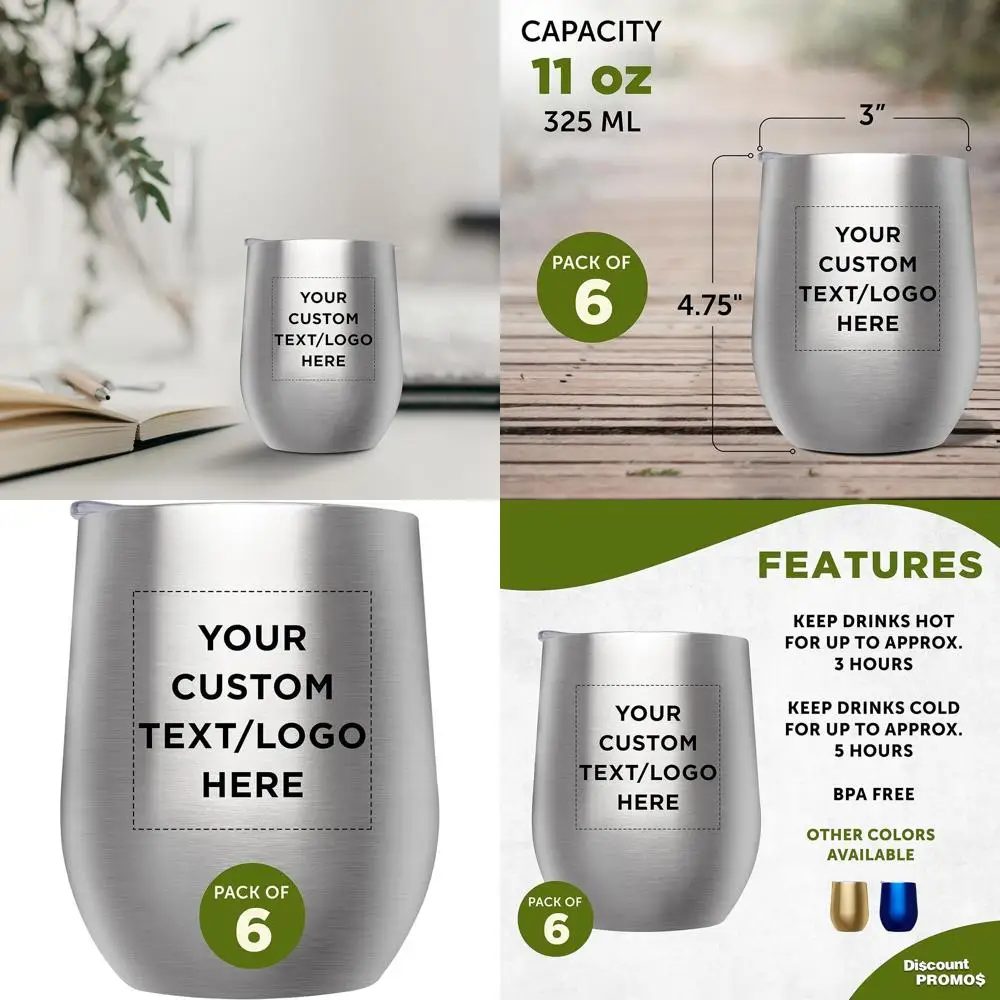 

Набор из 6 стаканов для вина без ножки с крышками, 11 унций, идеально подходят для вина, коктейлей и напитков - серебристые