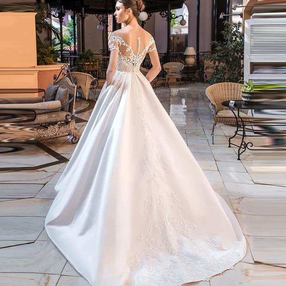 New Sweetheart Wedding Dresses Satin A-Line Appliques Button Backless Off The Shoulder Floor Length Bridal Robe De Mariée Custom