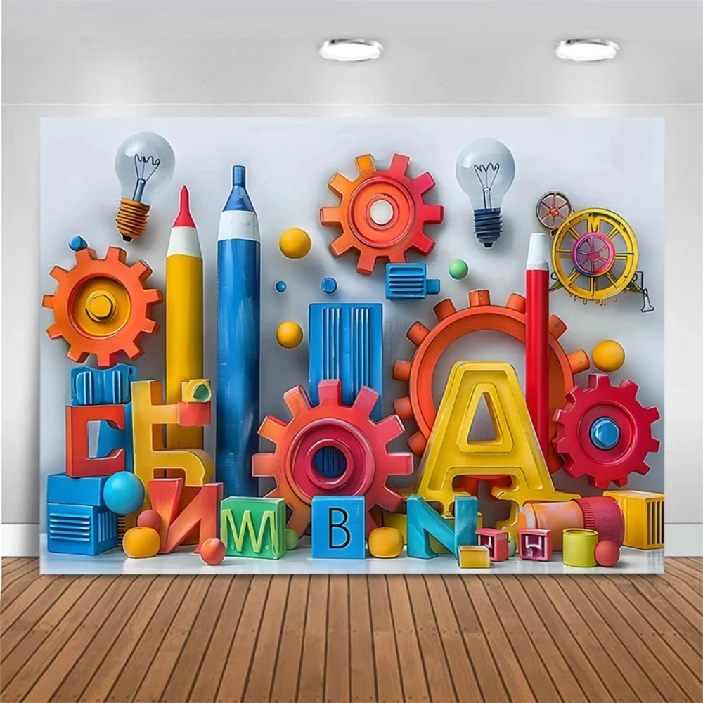 

Children's Pencil Building Block Painting Theme Photography Backdrop, Children's Birthday Party Decoration Photography Backdrop
