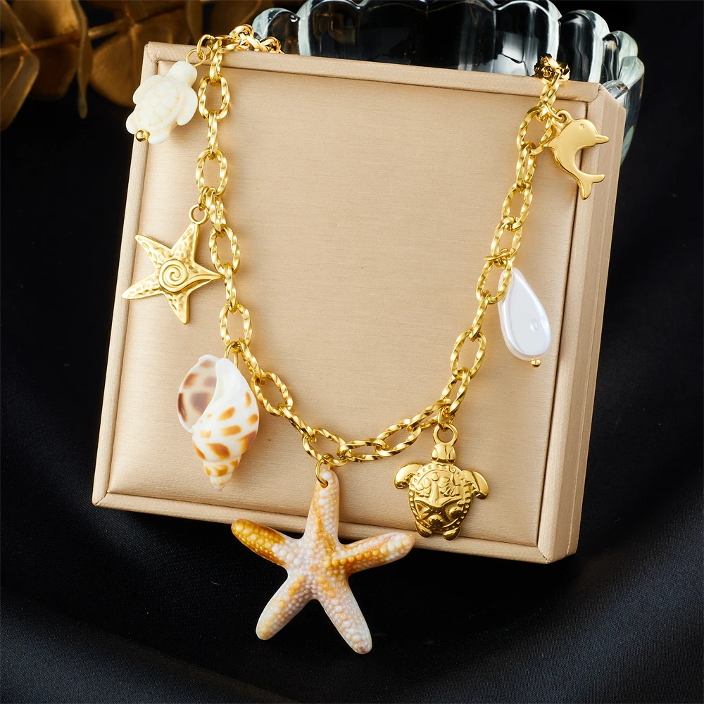 LAMENGLY 316L Stainless Steel Summer Ocean Style Starfish Conch Turtle Pendant Necklace Women Daily Wear Neck Chain Leisure Gift