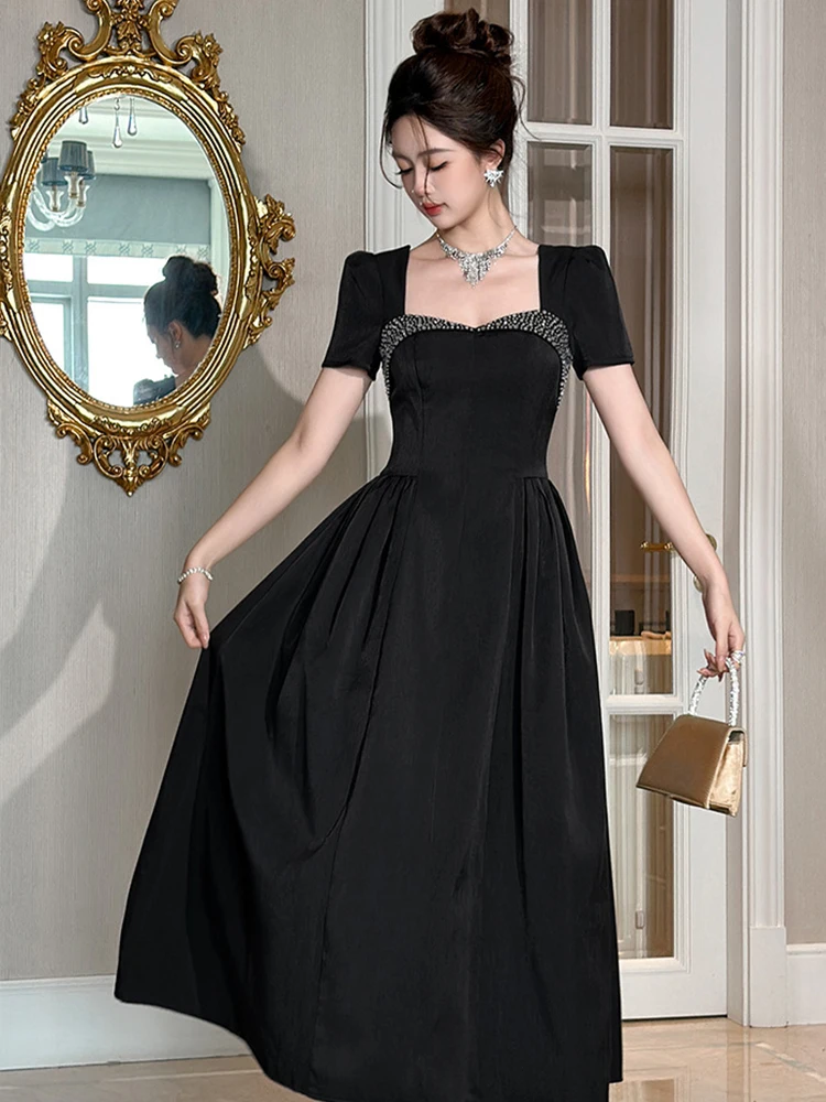 Rétro élégant noir été dames strass Maxi Robe à manches courtes Robe formelle Robe de soirée nouveau Vestido vêtements pour femmes