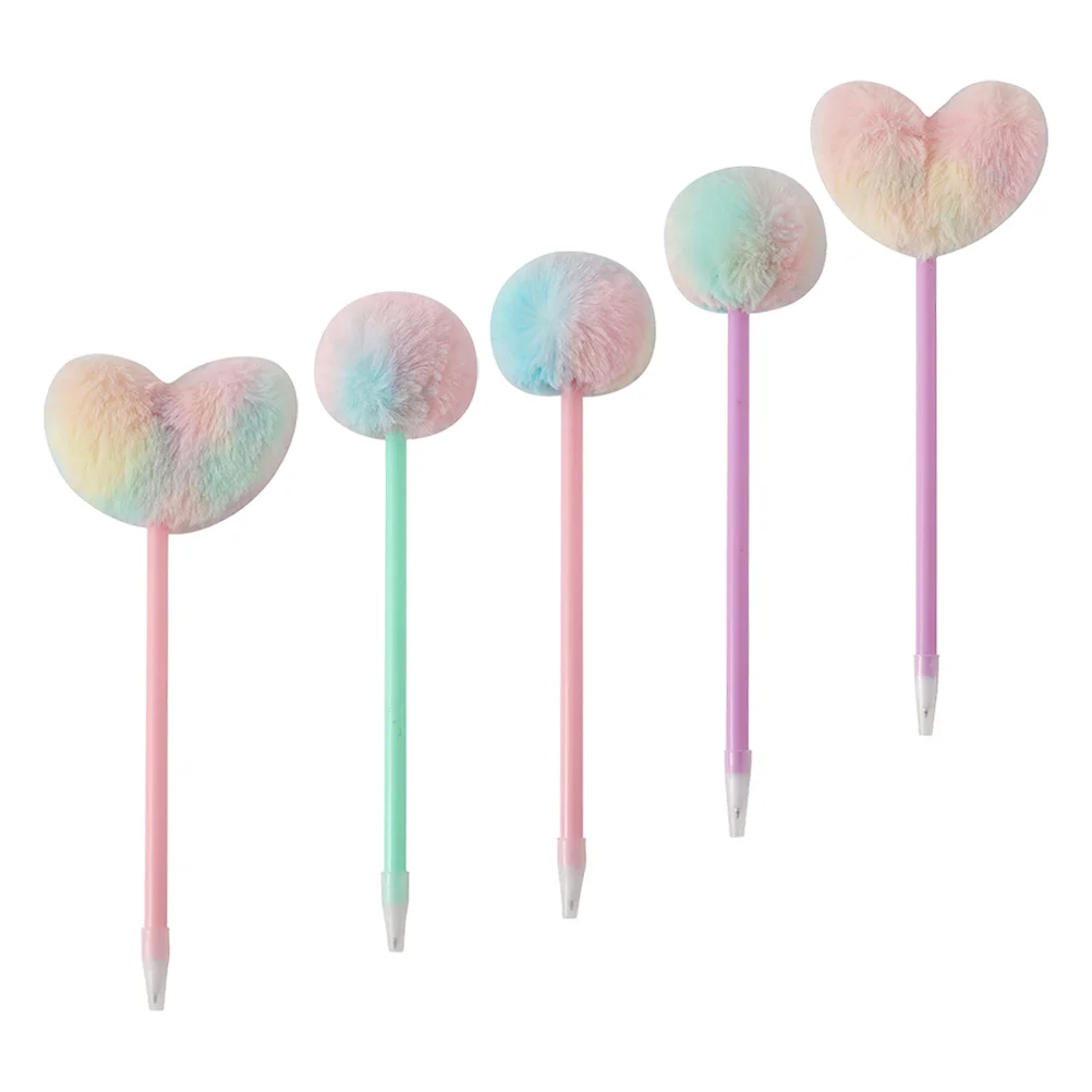 5 Pcs Hair Ball Accounting Pen Fountain Ball-pointed Pens Pompom Ballpoint for Girls Abs Writing Novelty Fluffy Heart