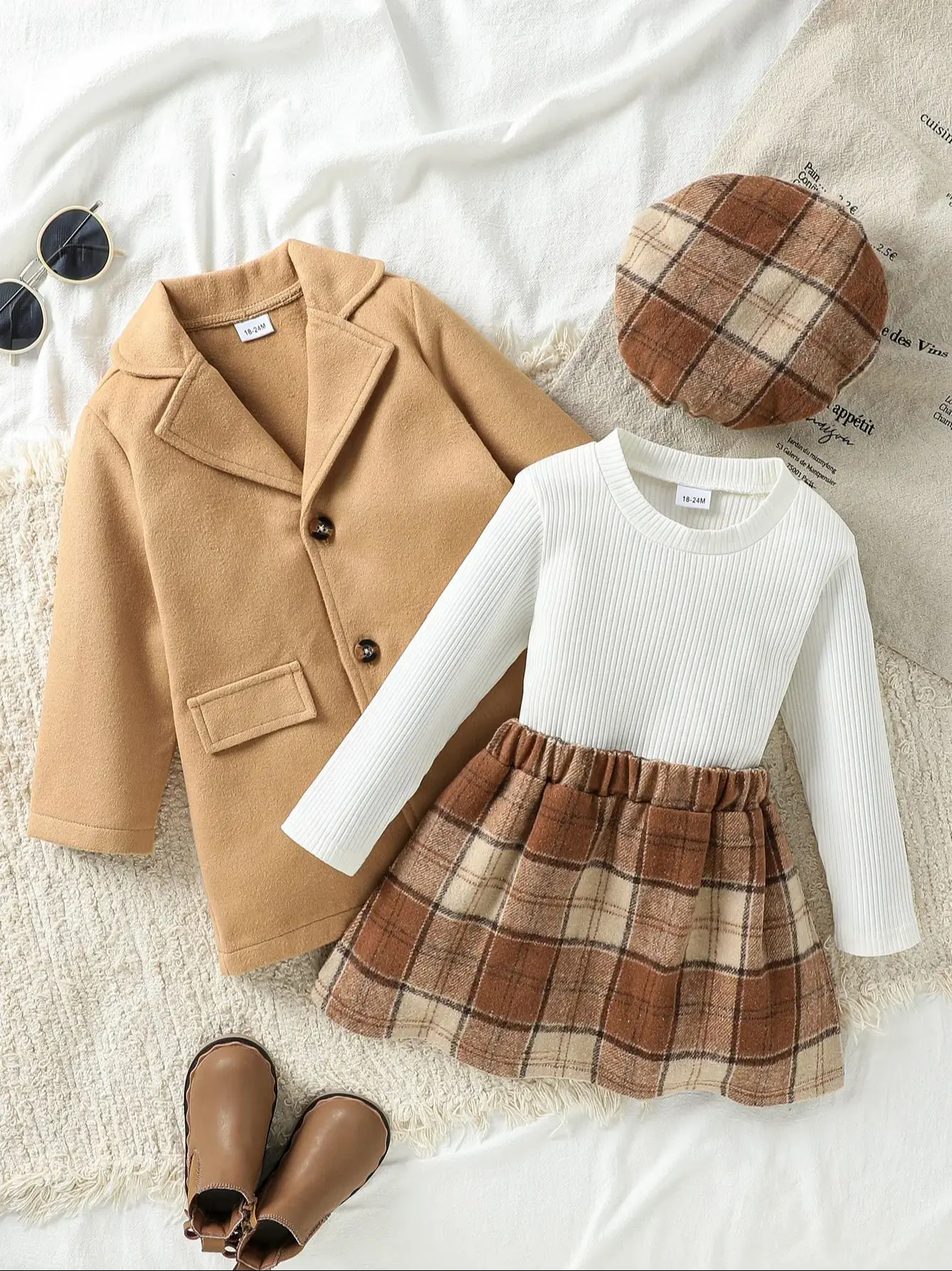 Kinder 4 Stücke Langarm Wollmantel + Solide Tops + Plaid Rock Set Warme Herbst/Winter Kinder Aktive Kleidung Outfits Für 1-6Y + Hut – Detail 1