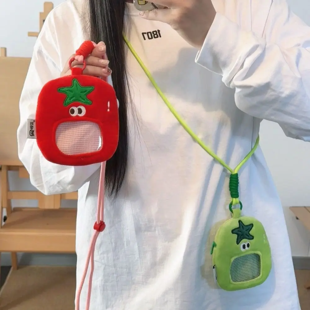 

Expression Cartoon Tomato Coin Purse Headphone Bag Plush Transparent Neck Hanging Bag Small Item Bag Korean Idol Card Holder
