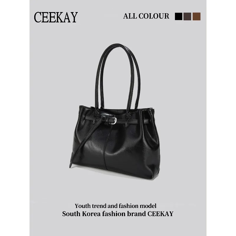 

2026 New CEEKAY Oil Wax Leather Tote Bag, Vintage Shoulder Bag with Belt Decor, Large Capacity Casual Handbag for Women handbag