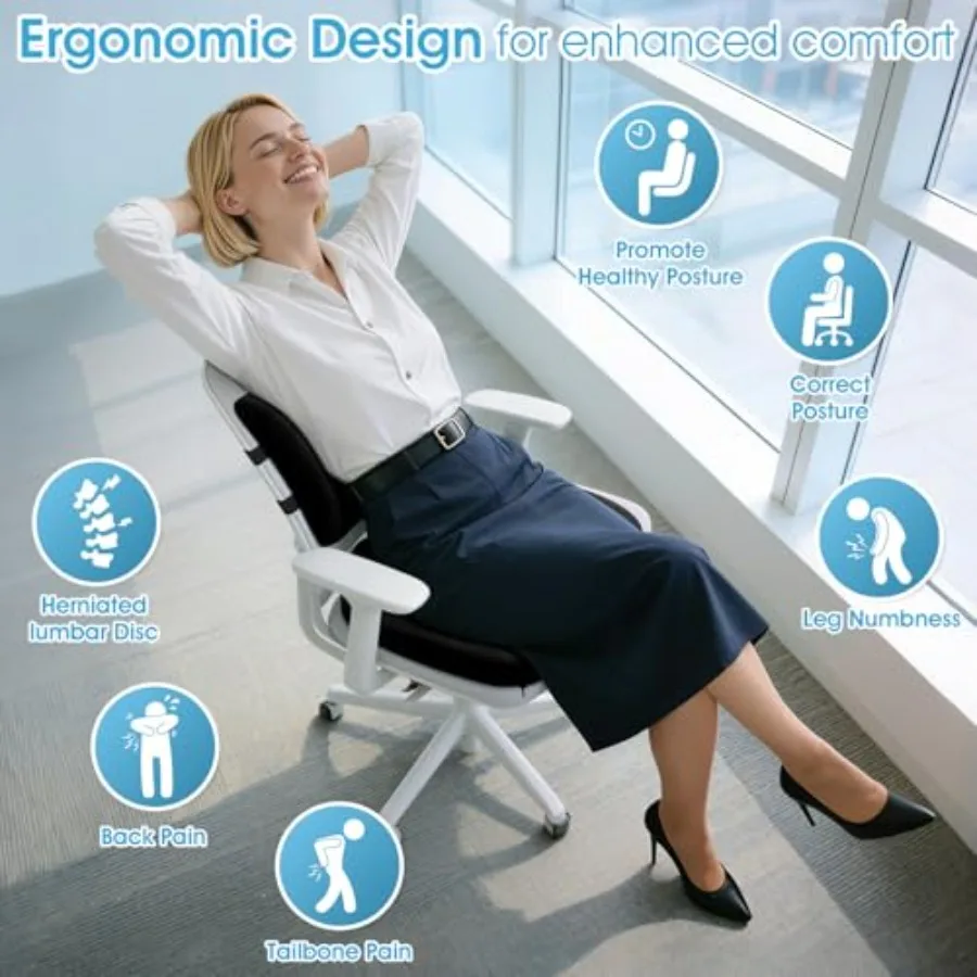 Ergonomic Seat Cushion and Lumbar Support Pillow - Memory Foam for Sciatica Pain Relief and Posture Correction, Non-Slip Chair
