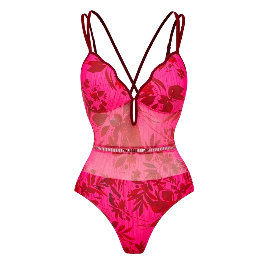 2024 Frauen Rose Red Flower Print Netzgarn Spleißen einteiligen Badeanzug und Stufen rock Beach wear Bikini zweiteiligen Badeanzug