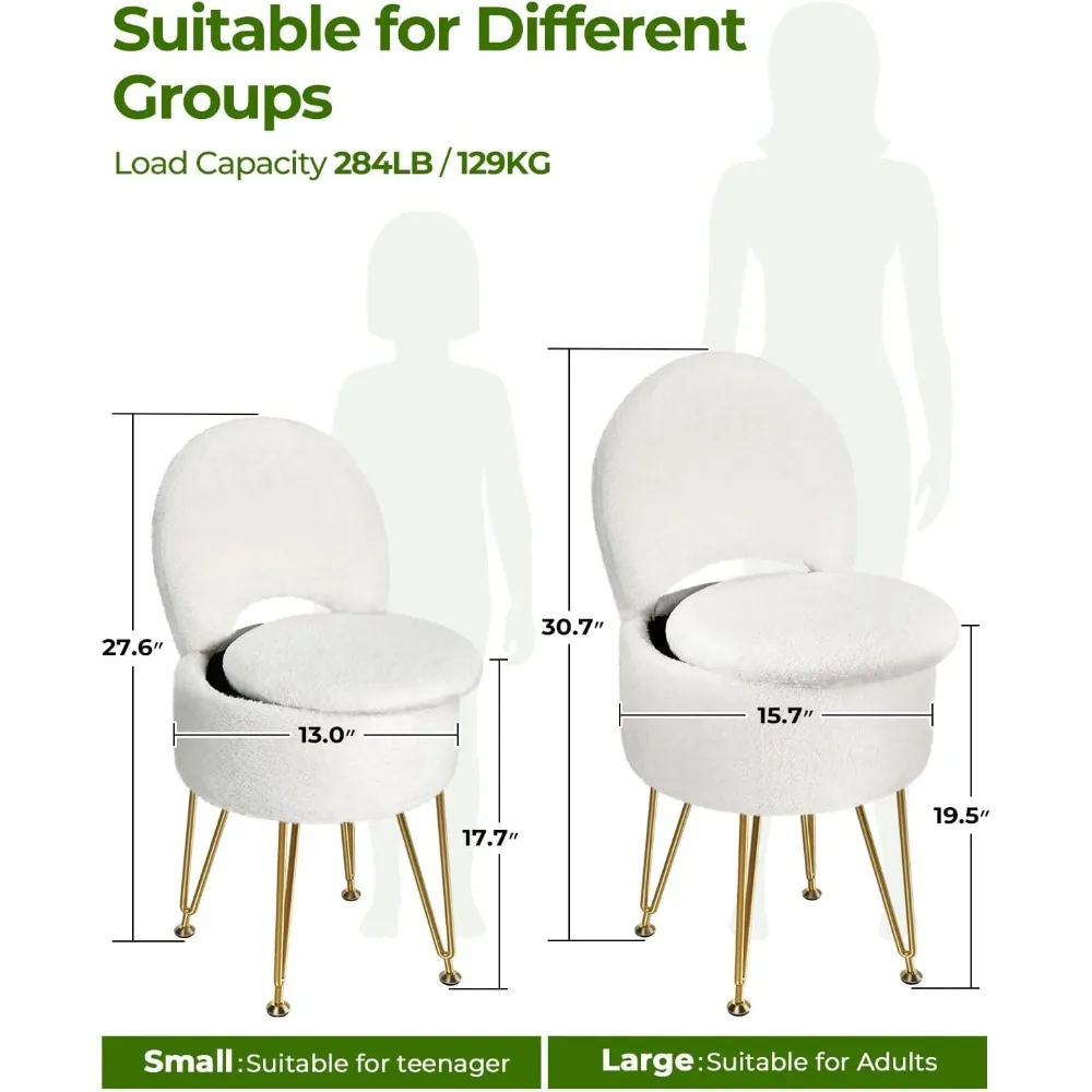 مقعد من الفرو الصناعي مع مساحة تخزين ومسند ظهر قابل للطي، كرسي عثماني 15.7 × 15.7 × 19.5 لغرفة نوم المكياج، أبيض #2