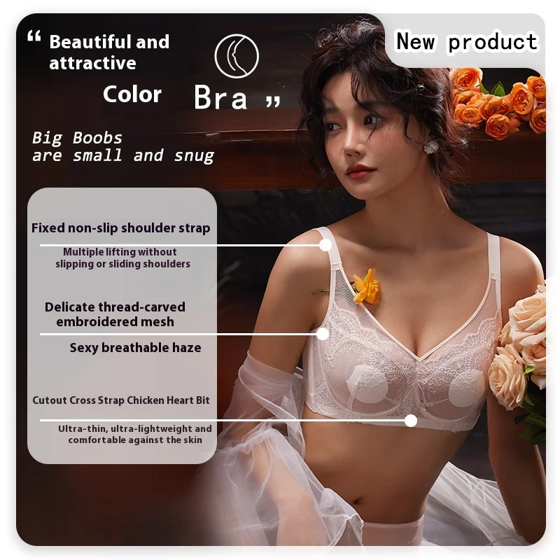 フルバスト用フレンチレースミニマイザーブラ-–-超薄型、通気性、プッシュアップ＆サイドスムージング、女性向けの豪華でセクシーなフィット感