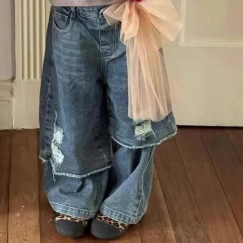 

Fake Two Pairs of Jeans 2025 Spring and Autumn Fashion All-match Korean New Trendy Denim Wide Leg Pants