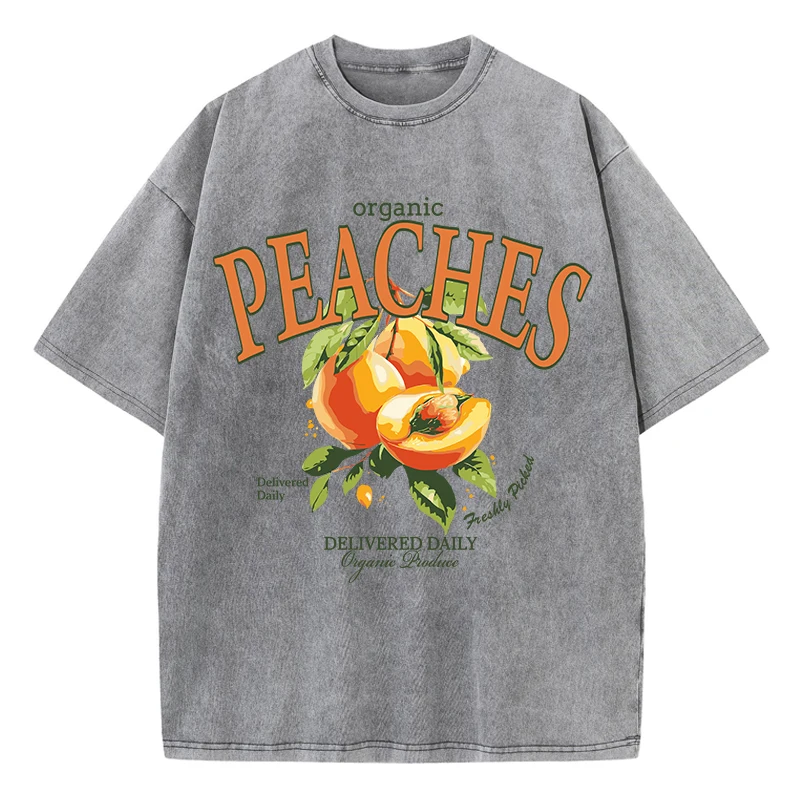Casual Woman Acid Wash T-Shirts Fresh Peaches Delivered Daily Prints Tops Distressed Crewneck Oversize Cotton Tees Trend Clothes