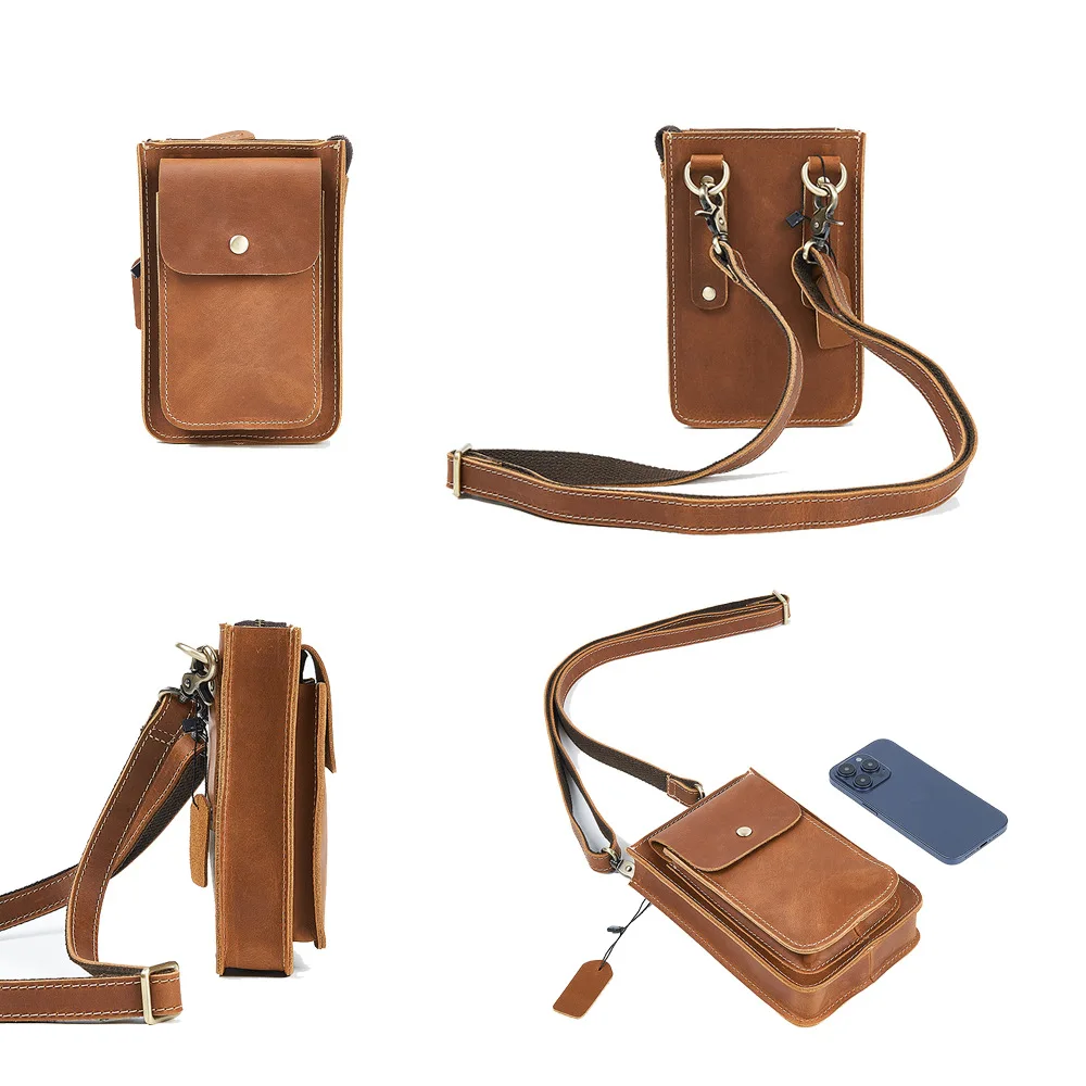 حقيبة خصر للرجال من الجلد المحبب بالكامل - حقيبة كتف كروس مع جيب للهاتف، حقيبة حزام خارجية متعددة الوظائف #5
