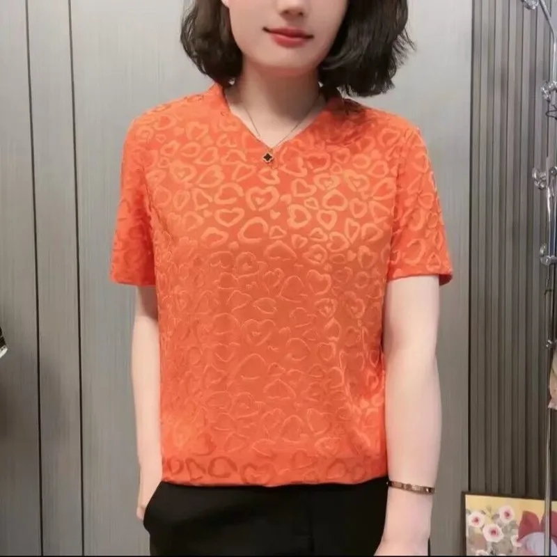 2024 Temperament New Short Sleeved Printed V-neck Pullover Summer Women's Fashion Simple Casual Versatile Loose T-shirt Tops
