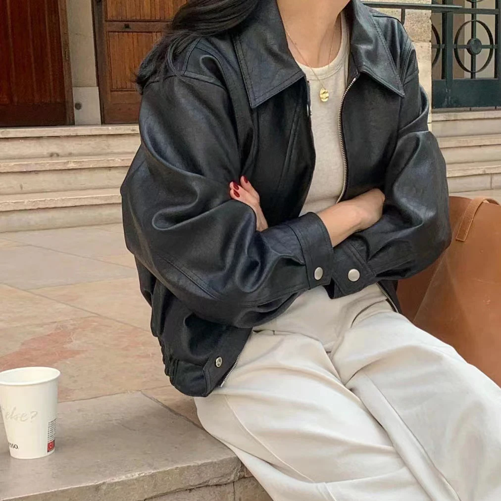 Retro Faion Hong Kong Sle Long Sve PU Leather Jaet Women's Motorcycle Jaet Top PU Leather Outerwear Coat