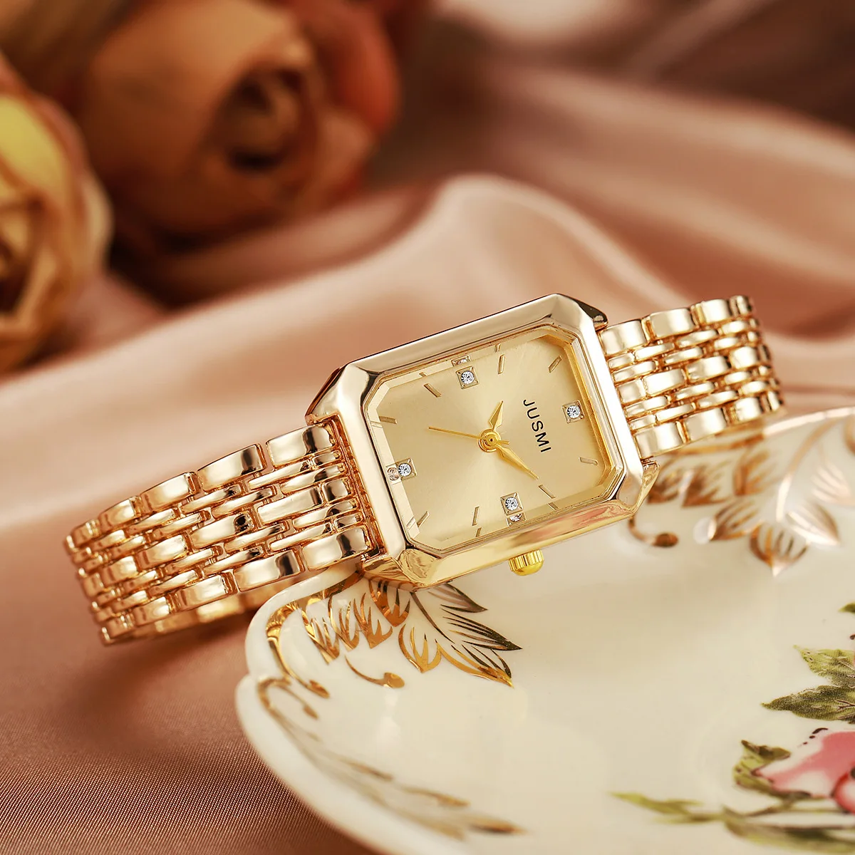 New Women's Chain Bracelet, Chain Earrings, Necklace, Ring, Square Steel Strap Quartz Watch Set, Fashionable And Versatile