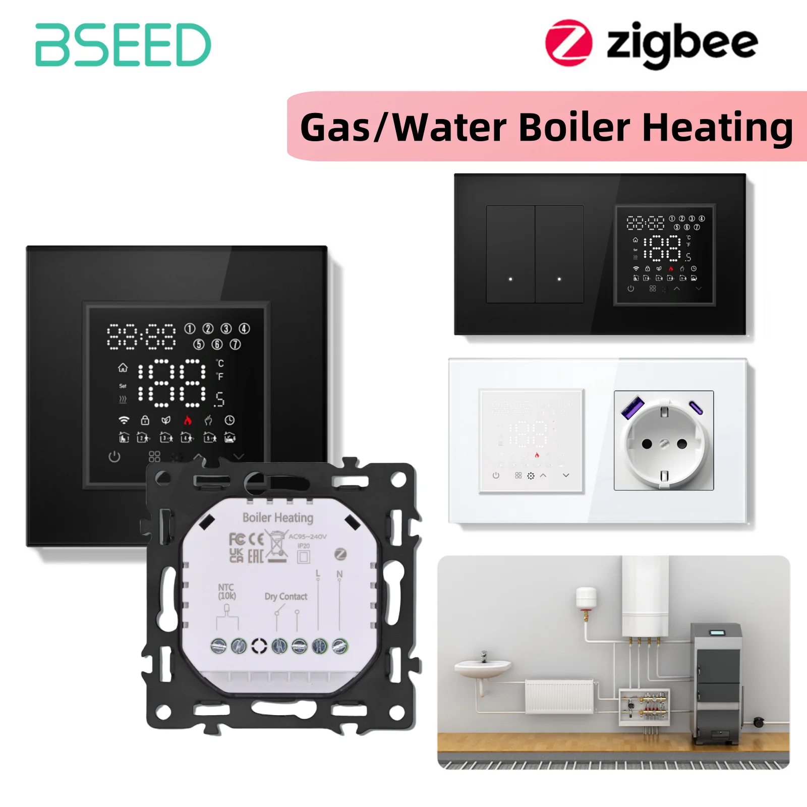 

Термостат Bseed Zigbee, водяной/газовый котел, отопление с переключателями щелчков, регулятор температуры розетки ЕС с серией Alexa E