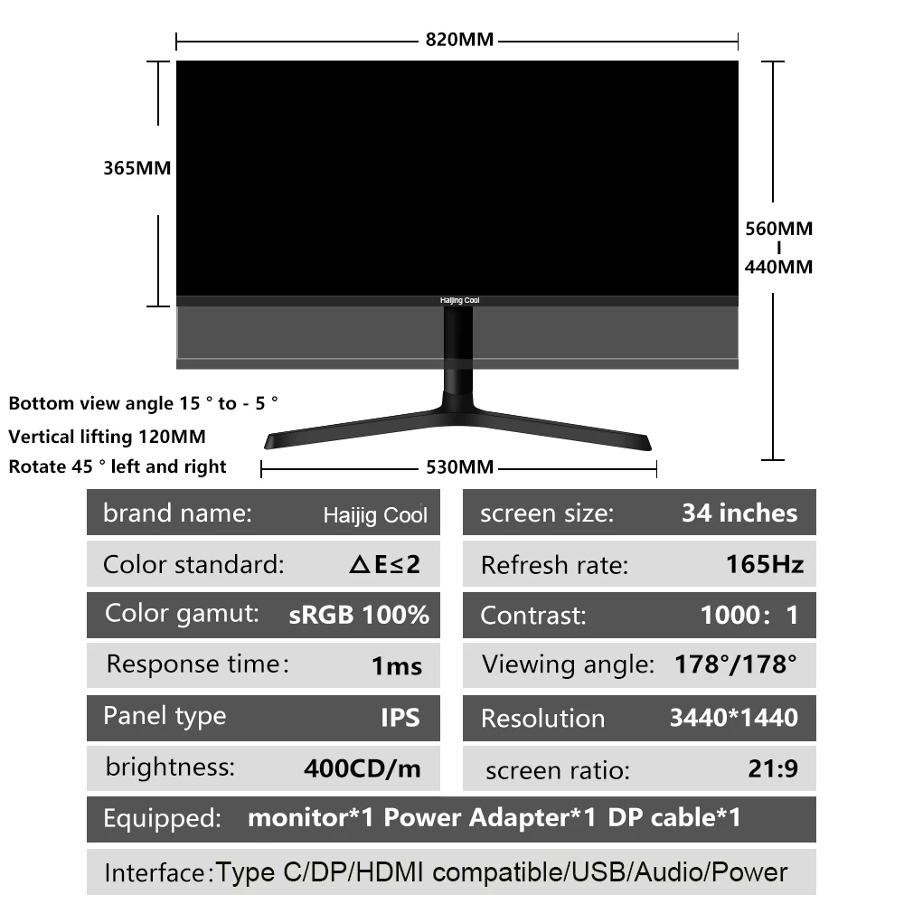 Imagem -02 - Haijing-ips Lcd Monitor de Jogos 34 21:9 165hz 144hz Ips dp 3440x1440 Recondicionado Sync Technology