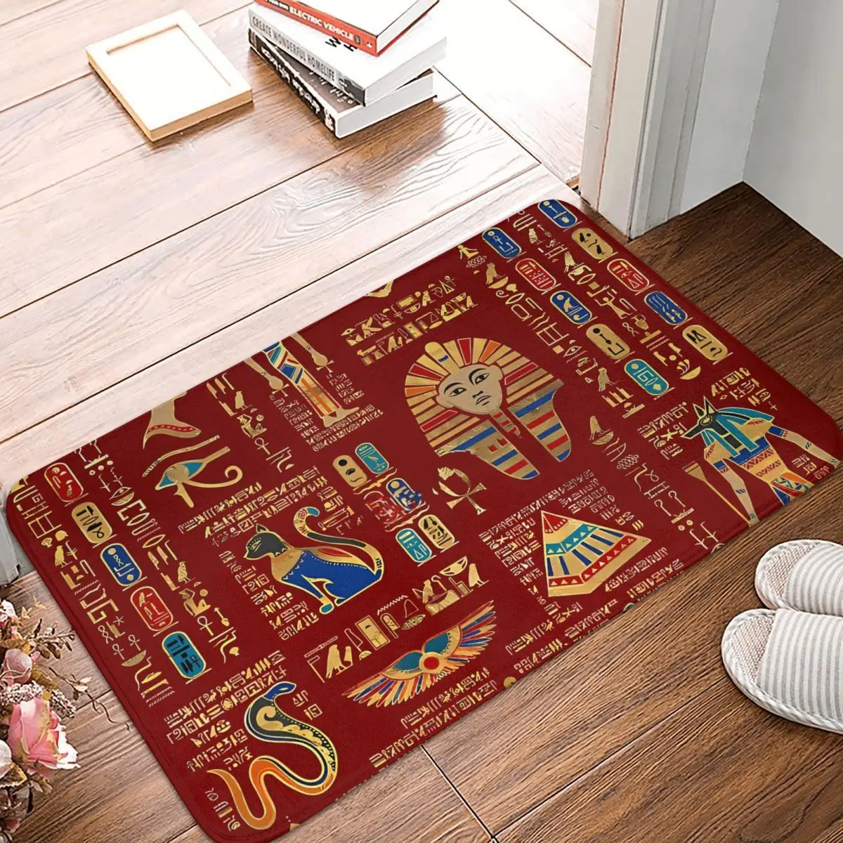 Non-slip Doormat Egyptian Hieroglyphs And Deities On Red Bath Kitchen Mat Outdoor Carpet Home Pattern Decor