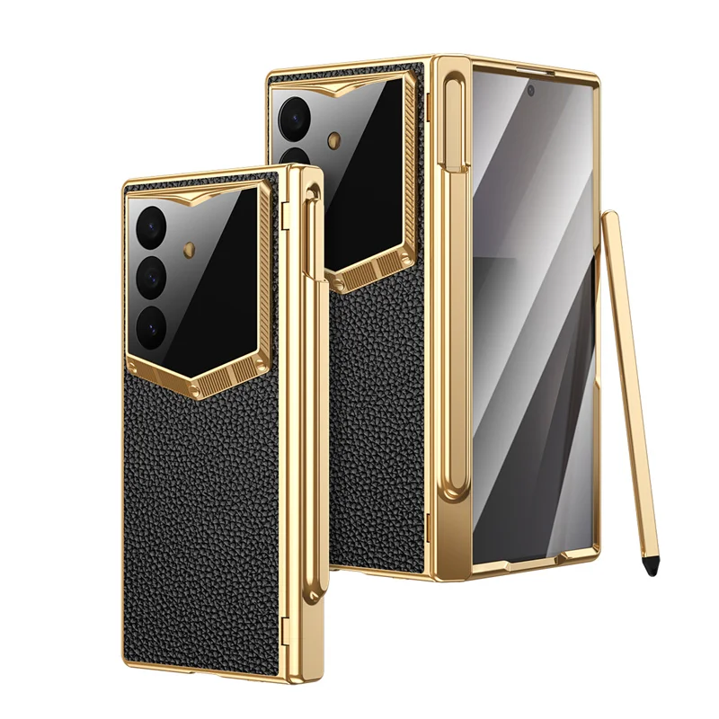 For Galaxy Z Fold 8Ultra 7 6 Luxury PU Leather With Pen Slot & S Pen Case Screen Glass Film Hinge Lens Protect Shockproof Cover