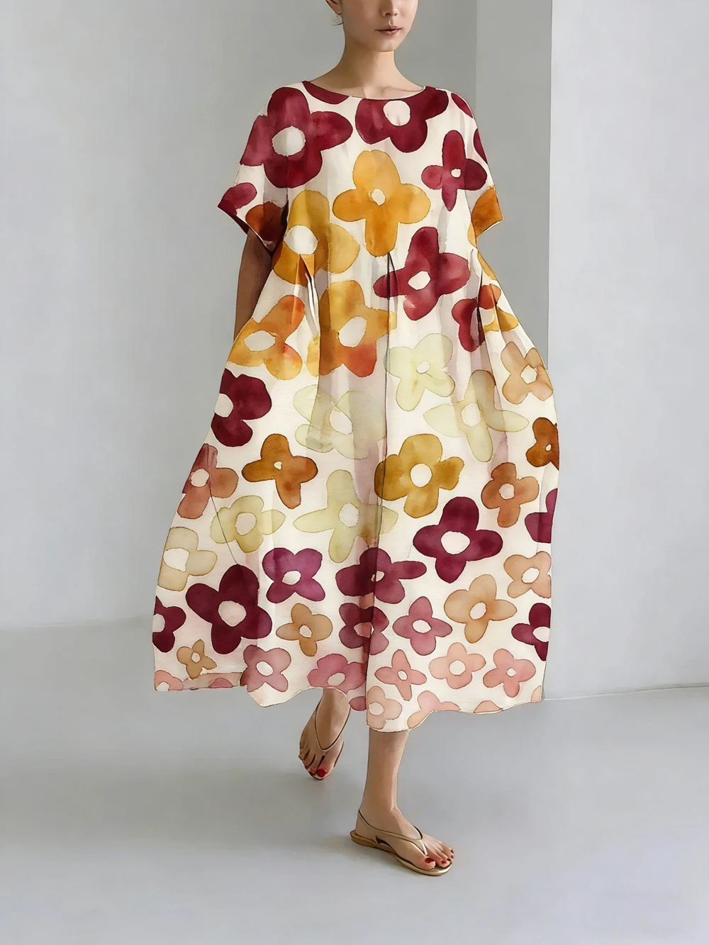 

Yellow Women's oversized woven casual summer round neck dress