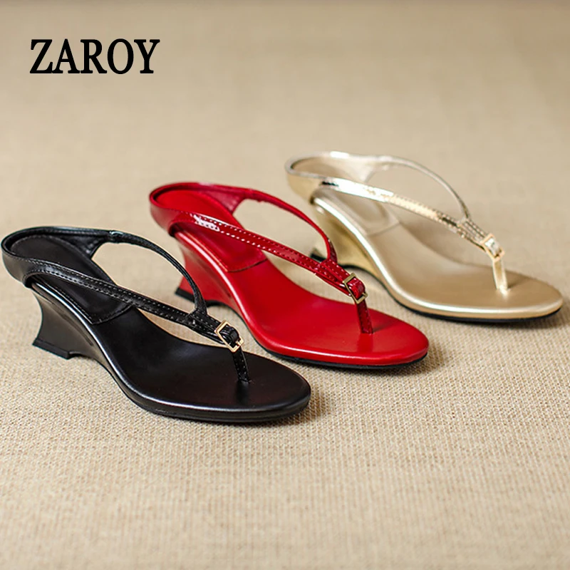 

Round Clip Toe Women Slippers 6cm Wedges High Heels Summer Footwear Brand Designer Narrow Band Buckle Slides Sandals Flip Flops