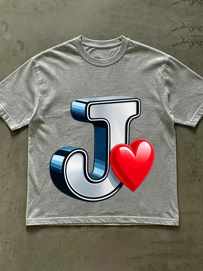 Printed T Shirt Featuring a Charming Heart Design with the Letter J as a Feature This Casual T Shirt Features a Minimalist Aesth