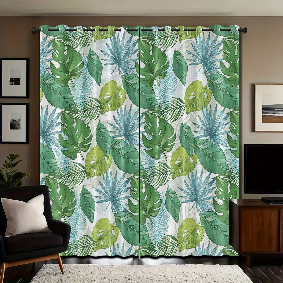 

2pcs Spring Green Plant Printed Perforated Blackout Curtains, Multiple Sizes For Living Room And Bedroom Insulation Decoration