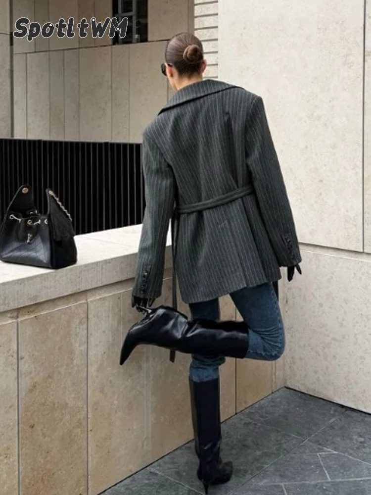 Grey Oversized Pinstripe Woolen Coat Women Elegant Lapel Double Breasted Loose Mid Length Fall Winter Streetwear Outerwear New