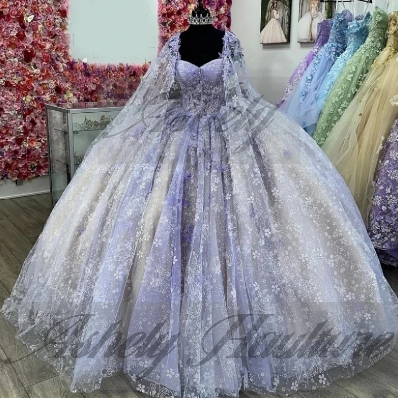 Imagem real lavanda 15 vestido quinceanera com capa borboleta ruched vestido de baile baile festa de aniversário pageant personalizado