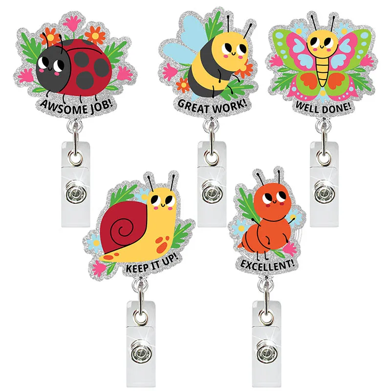 Cute Glitter Acrylic Ladybird & Bees Badge Reel Retractable ID Badge Holder With 360 Rotating Alligator Clip Nurse Name Holder