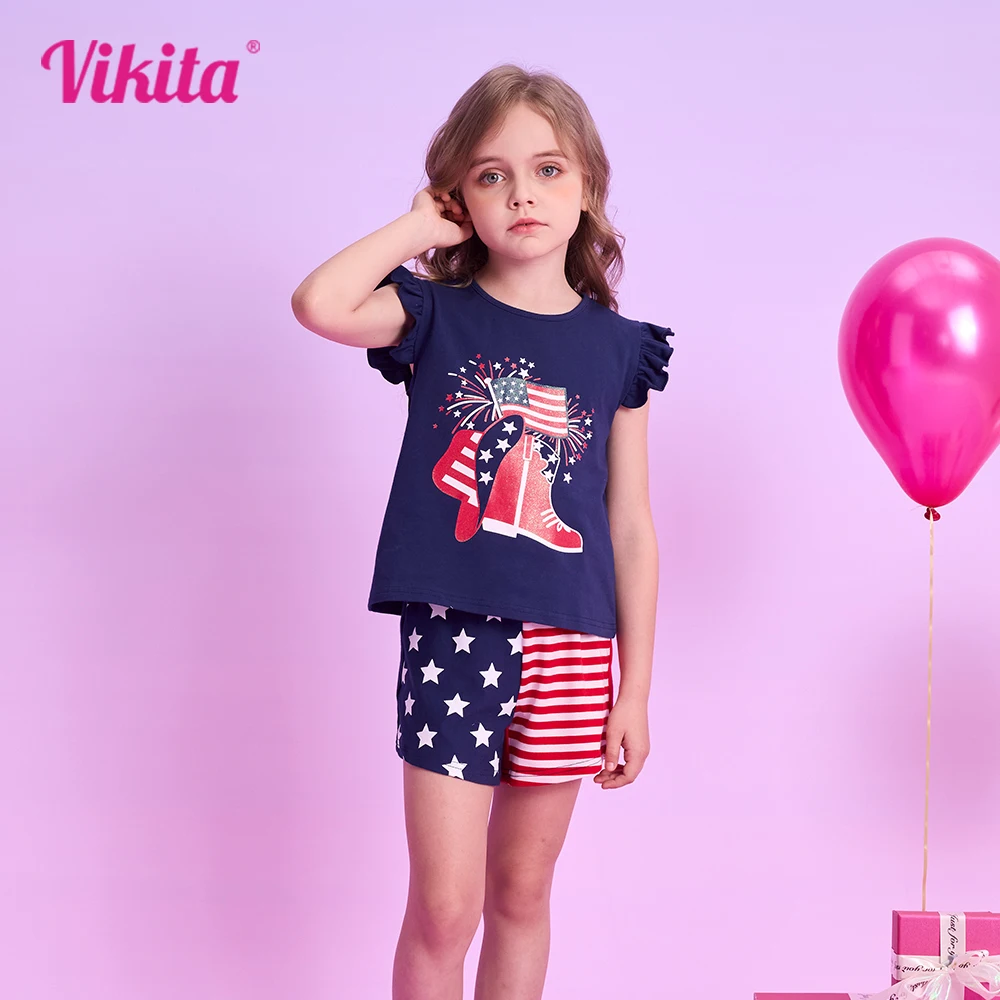 

VIKITA Girls Summer Clothes Sets Kids Star Striped Print Flare Sleeve Cotton Casual T Shirt and Shorts Trousers Kids Clothing