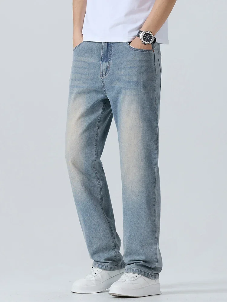 البوب الصيف رقيقة الرجال المطبوعة الجينز تنفس موضة الأعمال السراويل فضفاضة غسل خمر عادية سراويل جينز الذكور