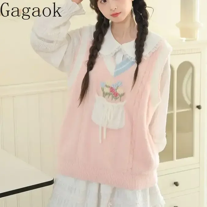 Gagaok Pink V-neck Vestswomen Sweet Flower Embroidery Imitation Mink Fur Gentle Knitted Sweater Vest Outwear Casual Clothes