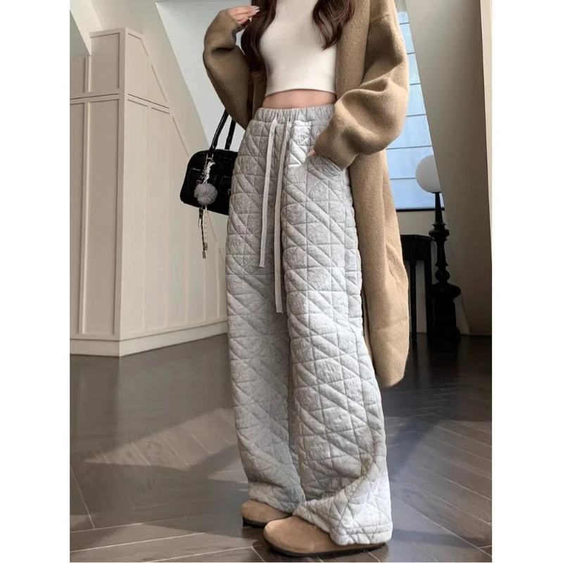 Autumn Winter Women's Fleece Lined Sweatpants Warm High Waist Wide Leg Straight Sports Running Yoga Pants Loose Lounge Trousers