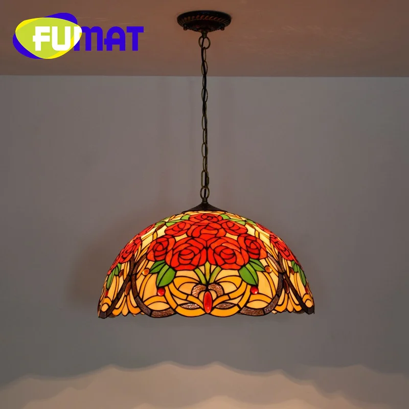 FUMAT Tiffany Vintage style Rose ceiling light Wedding Red Art Deco Living Room Dining Room Bedroom Hotel Glass chandelier