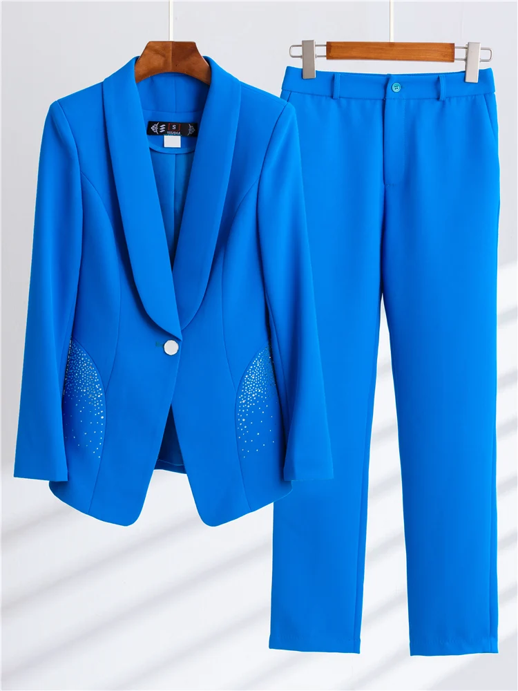 Women\'s Diamond Blazer Set Office Suit Pantsuit Simple Solid Color Collar Long Sleeve Jacket and Trousers 2 Piece Outfit Blue