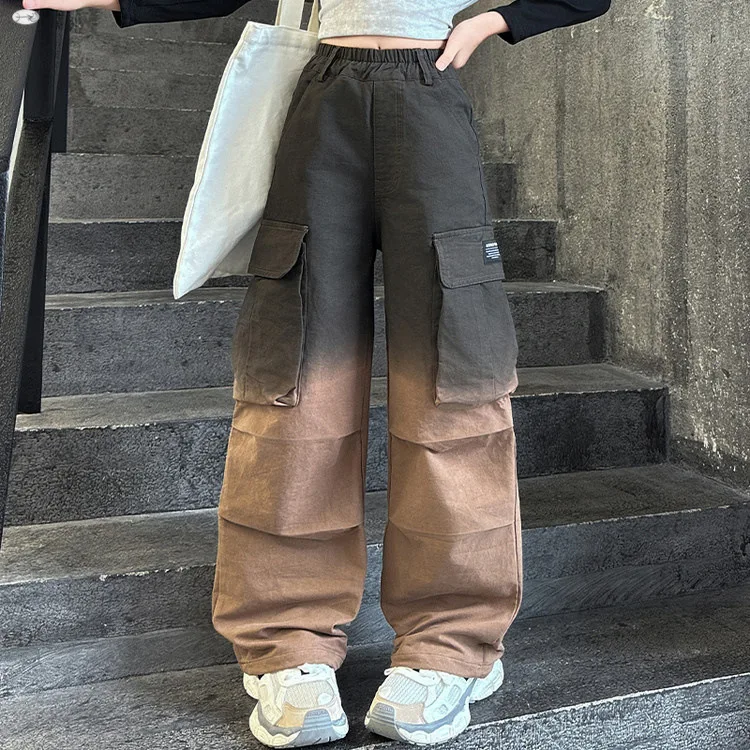 Girls Gradient Cargo Pants for 2026 Spring Loose Casual Elastic Waist Teenage Children Wide Leg Pants Streetwear Kids Trousers