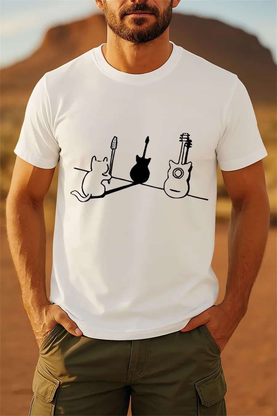 تي شيرت صيفي كاجوال ومريح برقبة دائرية وطباعة قطة جيتار، قميص رجالي عصري بلون سادة بأكمام قصيرة #1
