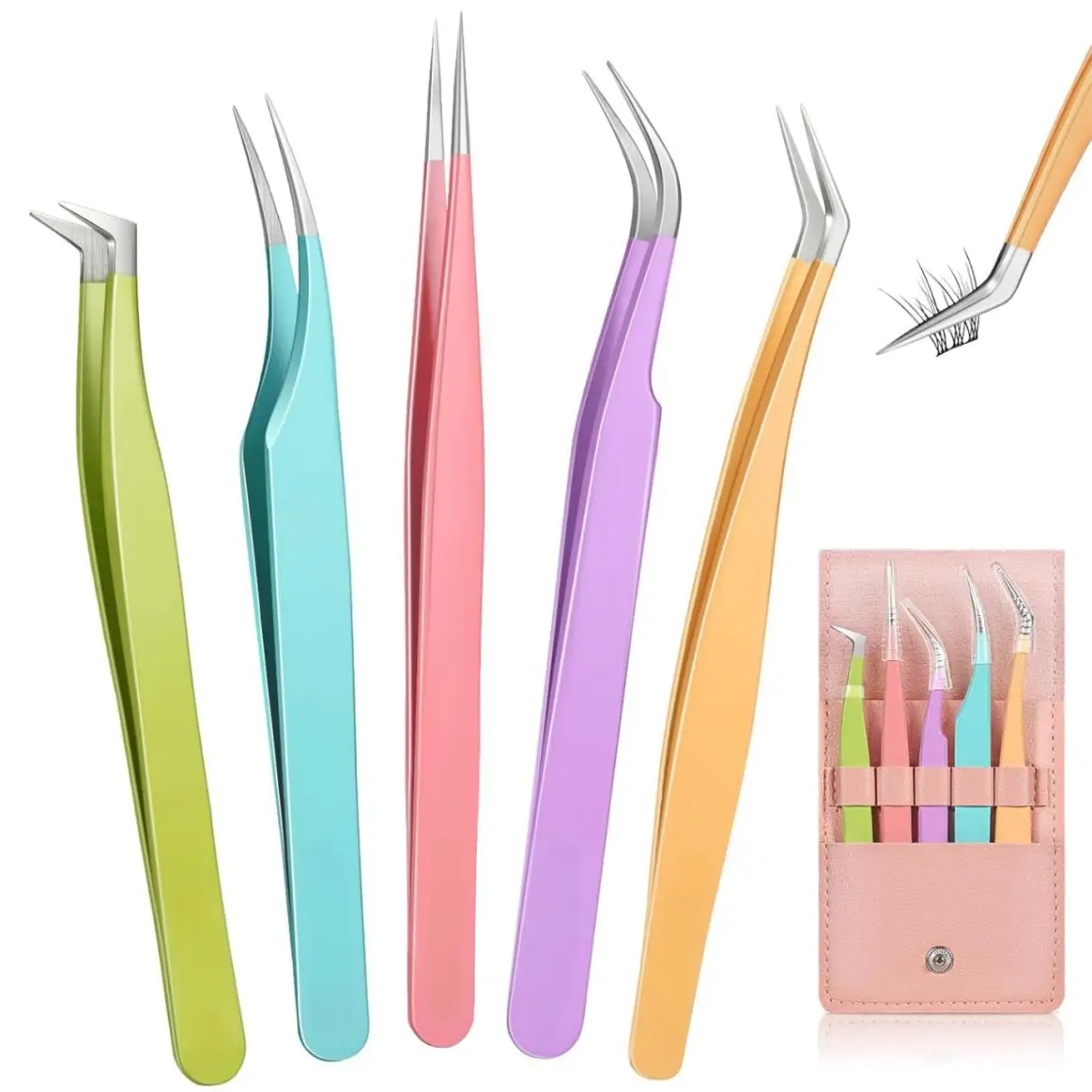 Pinzas para extensiones de pestañas, pinzas para pestañas de volumen rectas y curvadas de alta precisión para manualidades de extensiones, principiantes, 5 uds.