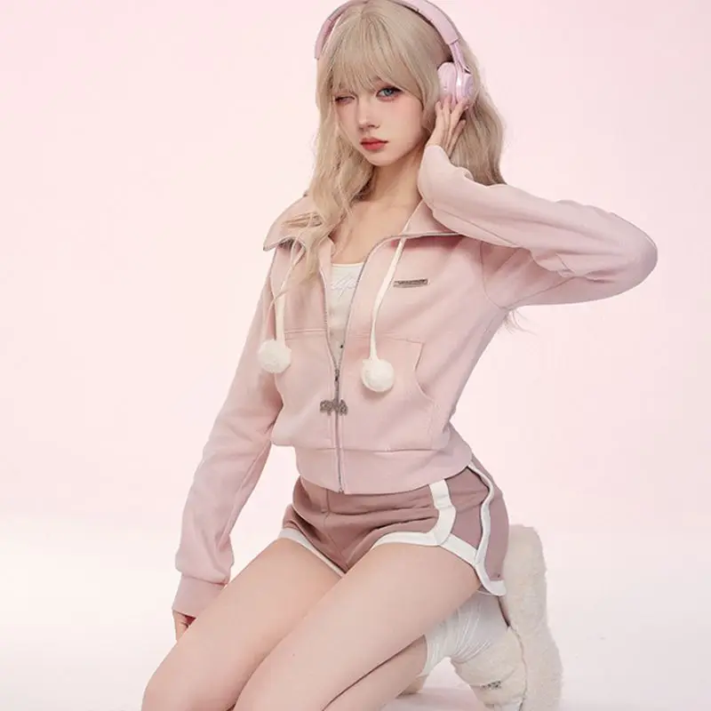 Girl Korean Fashion 2 Piece Pink Lapel Long Sleeves And Short Jacket Set Sweatshirt +Shorts Women Running Autumn Sports Suits