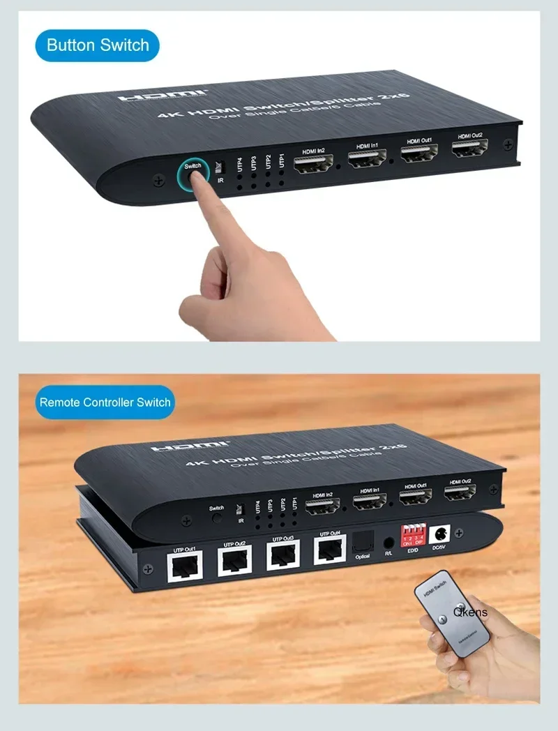 4K 2x6 HDMI Switch Splitter Cat6 Ethernet Cable Extender 100m 2 in 2 Out مع 4 Port RJ45 Port Vs HDMI 2.0 4k 60hz 60m Receiver