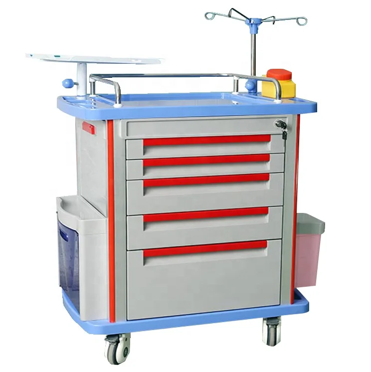 Hospital Abs Plastic Medicine Crash Cart Emergency Trolley Medical Emergency Cart Trolley with IV Pole