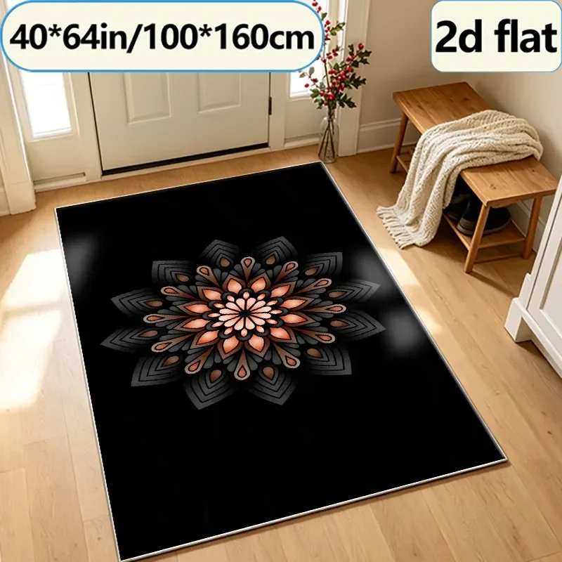 Dark Bohemian Mandala Floral Pattern Carpet, Exotic Ethnic Style Rug, Suitable for Living Room, Bedroom, and Home Interior Decor