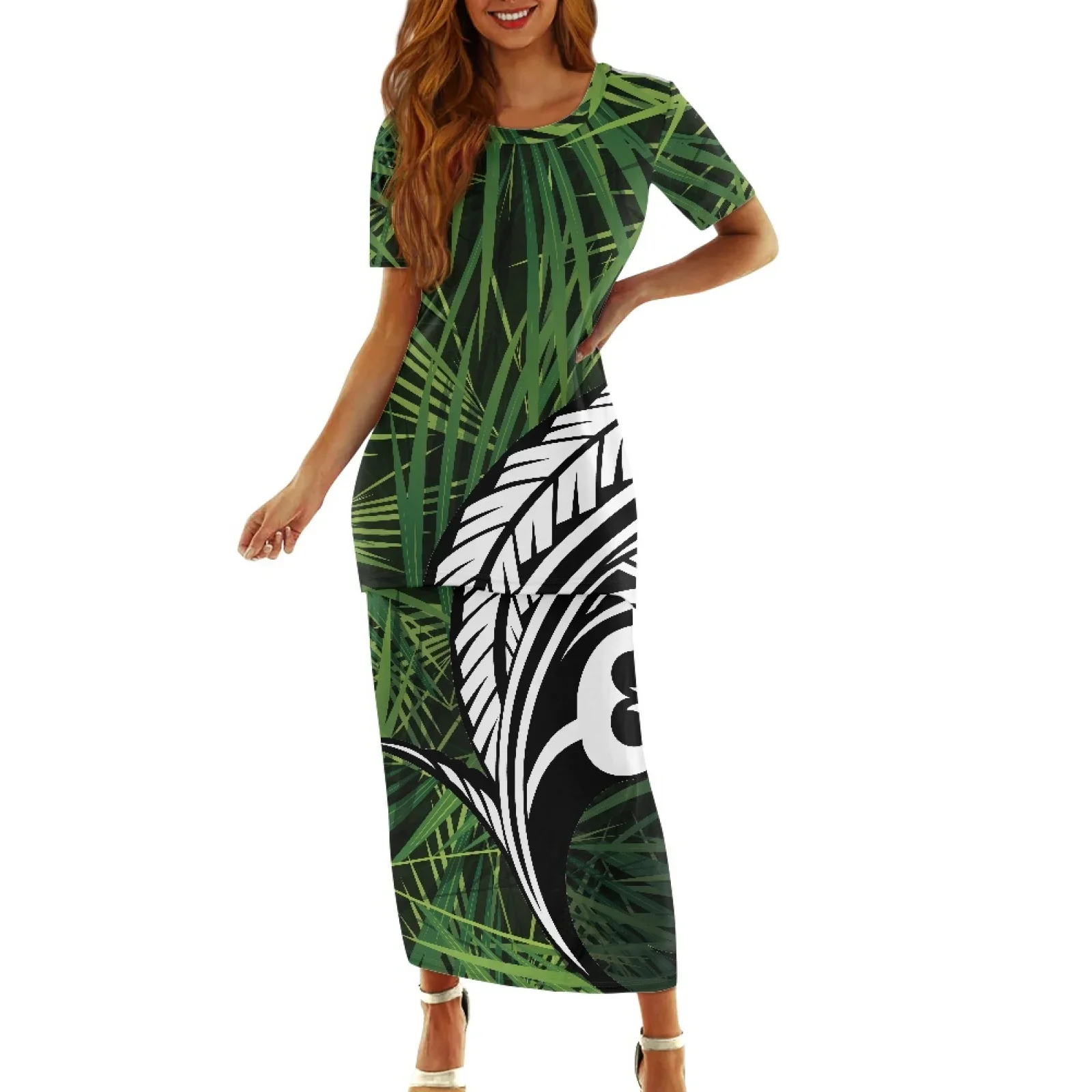 Polynesian Tribal Fijian Totem Tattoo, Fiji Prints, Vintage Sexy Short Sleeve, Bonfire Party Dresses, Green Leaf, Two Pieces Set