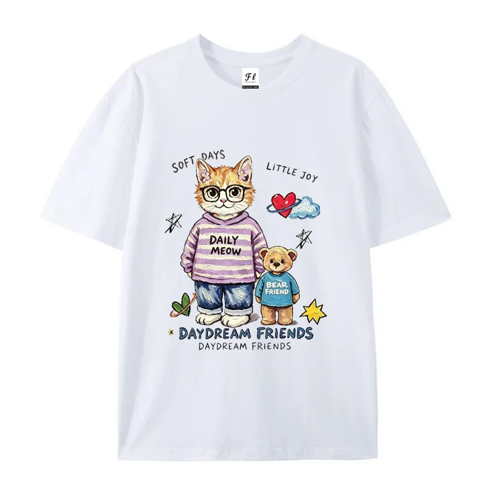 Cute Cat Bear Daydream Friends T Shirt Aesthetic Animal Graphic Tees Loose Fit Cotton Short Sleeve Summer Tops Gift Cat Lovers