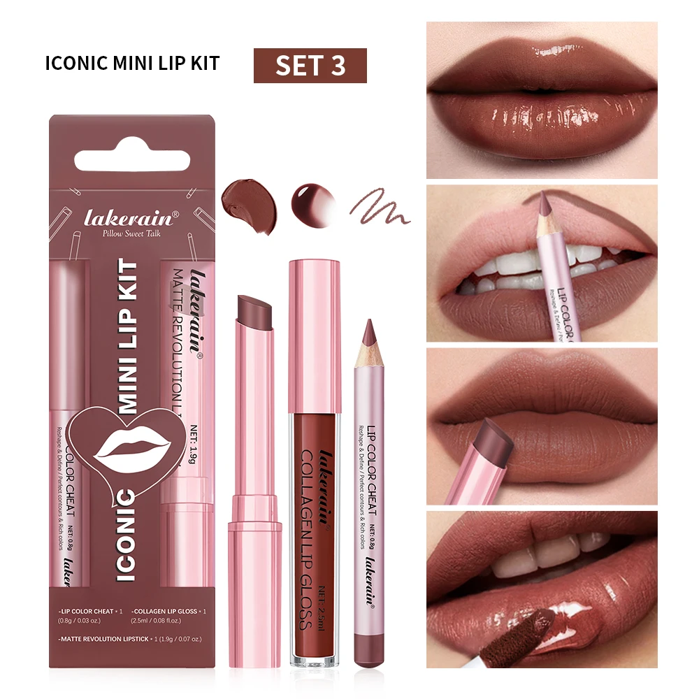 3 in 1 Lipstick Lip Liner Lip Gloss Set Easy Coloring Moisturizing Lip Sticks Suitable for All Occasions Lip Makeup Cosmetic Gif