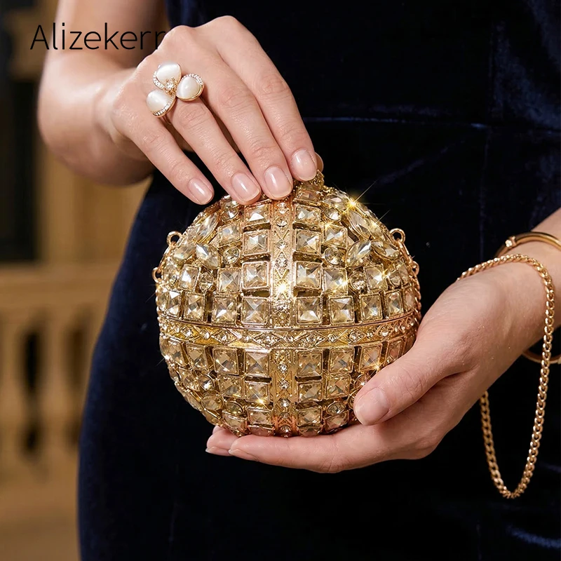 Alizekerr Ball Shaped Diamond Evening Bags Women Gorgeous Rhinestone Metallic Clutch Purses Ladies Unique Handbags Wedding Party